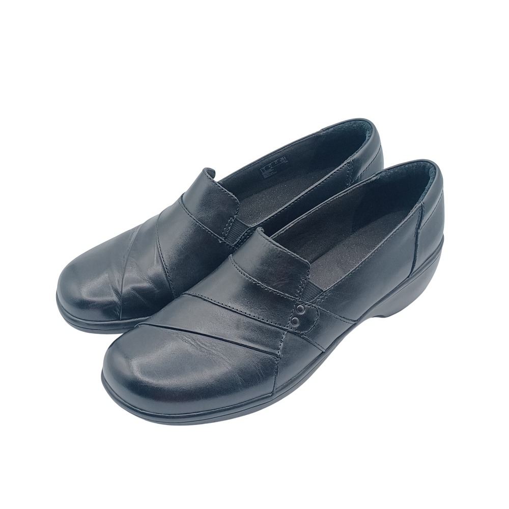 Clarks Collection Loafers Womens 9.5 Black Excellent Leather Slip On Wedge Shoes